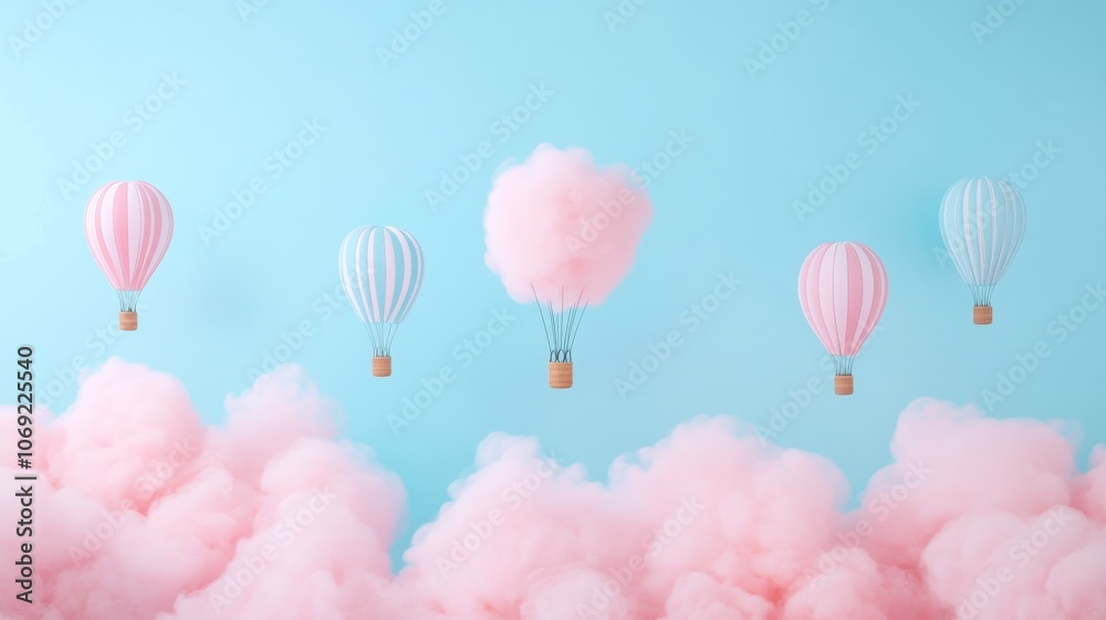 An imaginative scene with fluffy clouds that look like cotton candy in shades of pink and blue, floating in a pastel sky