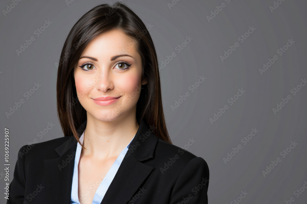 Confident businesswoman smiling on a grey background Confident businesswoman smiling on a grey background