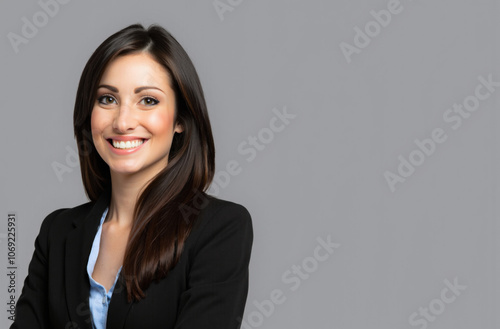 Smiling businesswoman posing in studio with gray background