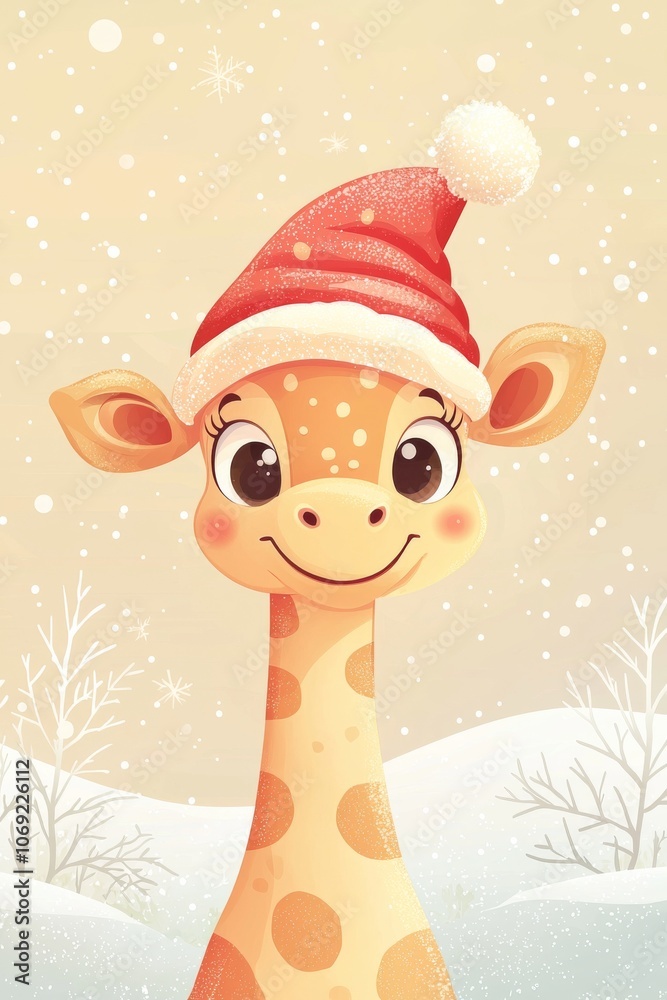 A Cheerful Giraffe wearing a Santa Hat for spreading Winter Holiday Cheer and Joy