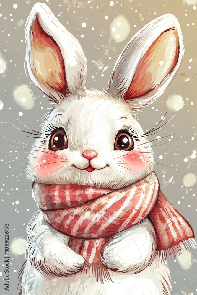 An Adorable Winter Rabbit Happily Wearing a Cozy and Warm Colorful Scarf During the Cold Season