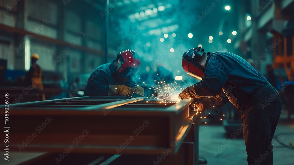 Welders weld metal in a factory Welders weld metal in a factory