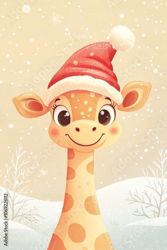 Obraz na płótnie A Cheerful Giraffe wearing a Santa Hat for spreading Winter Holiday Cheer and Joy w salonie