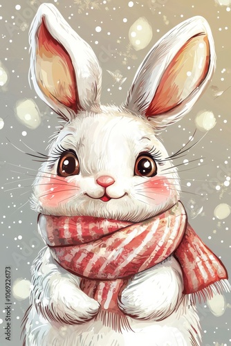 Obraz na płótnie An Adorable Winter Rabbit Happily Wearing a Cozy and Warm Colorful Scarf During the Cold Season w salonie