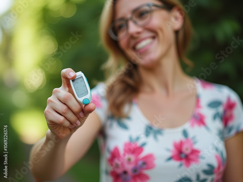 Woman with diabetes checking blood glucose level outdoors using continuous glucose monitor photo