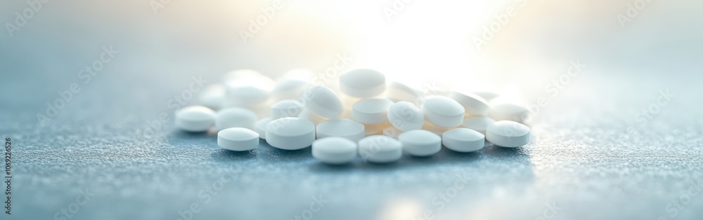 Pile of white medical pills on a reflective surface Pile of white medical pills on a reflective surface