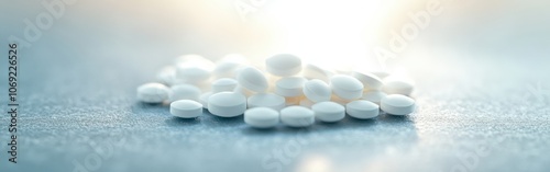 Pile of white medical pills on a reflective surface