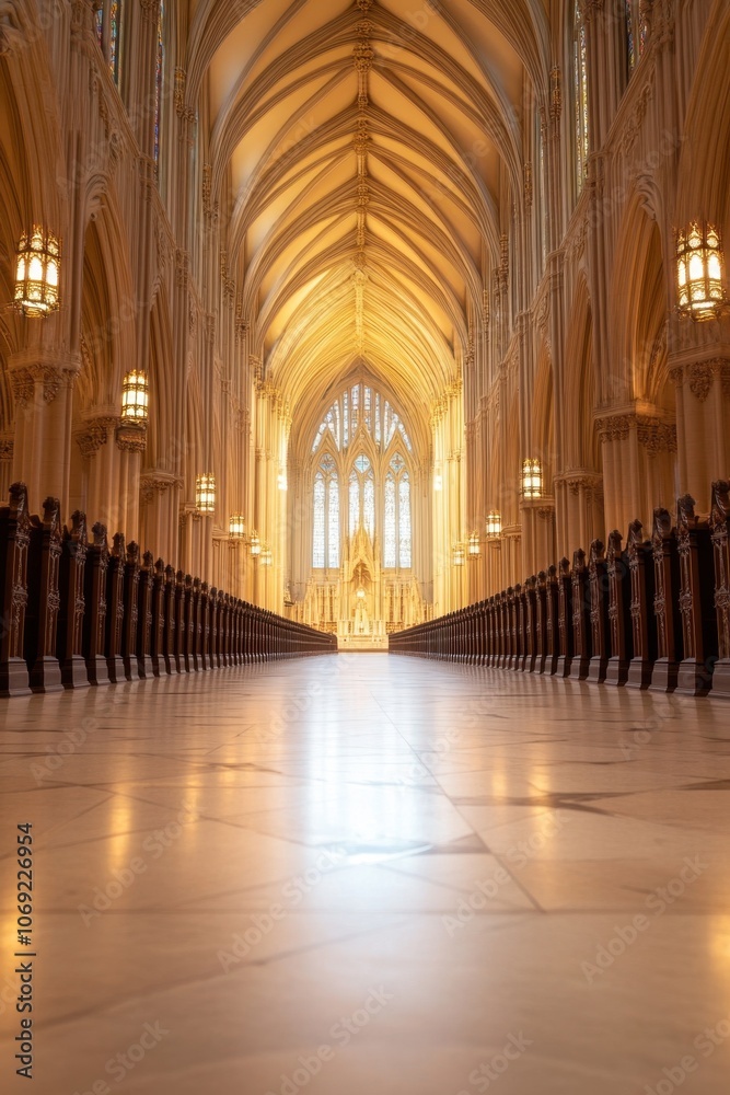 Fototapeta premium Majestic interior of a grand cathedral with ornate arched ceilings and stained glass windows