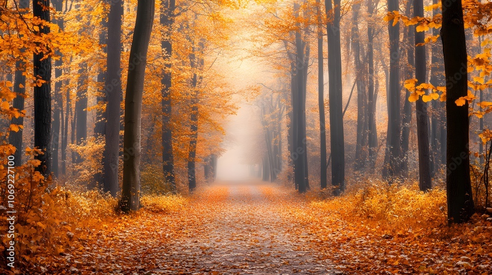 Fototapeta premium Quiet autumn forest path covered in fallen leaves, surrounded by trees with vibrant orange and yellow foliage, and a soft mist that adds a serene and peaceful ambiance.