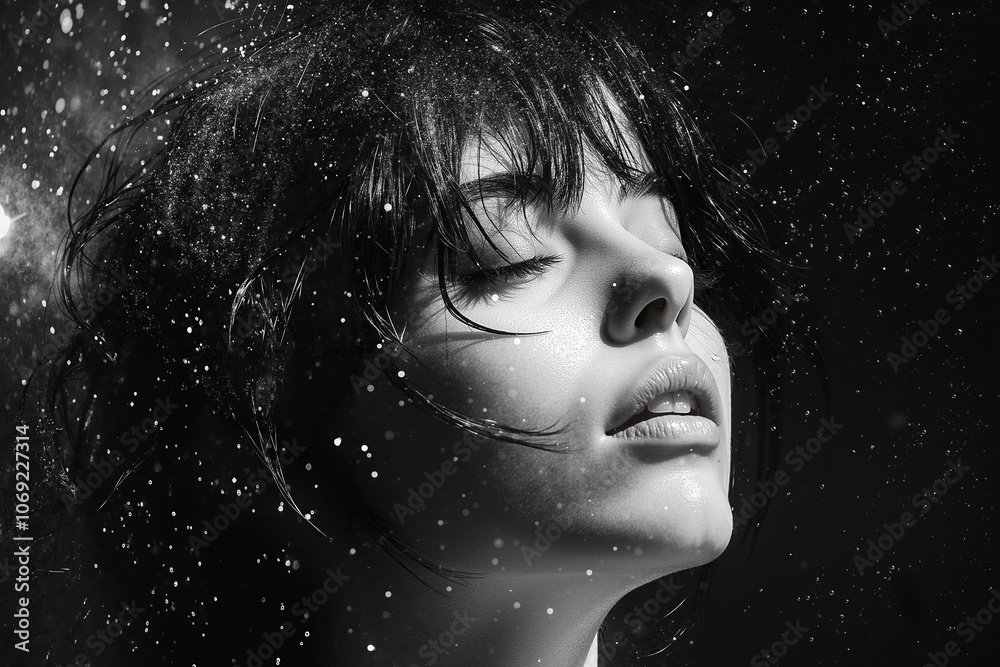 A black and white photo of a woman with her eyes closed in the snow A black and white photo of a woman with her eyes closed in the snow
