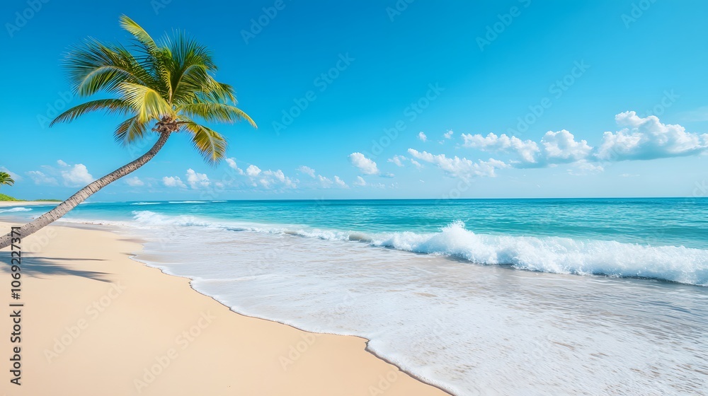 Quiet beach with pristine white sand, gentle waves caressing the shore, and a solitary palm tree leaning gracefully over the tranquil water Quiet beach with pristine white sand, gentle waves caressing the shore, and a solitary palm tree leaning gracefully over the tranquil water