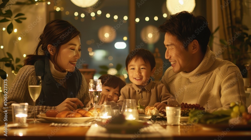 A family of five celebrating a special occasion with a delicious dinner, toasting and smiling in their elegant, tastefully decorated dining room A family of five celebrating a special occasion with a delicious dinner, toasting and smiling in their elegant, tastefully decorated dining room