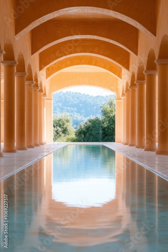 Serene architectural archway with reflection pool and mountain landscape