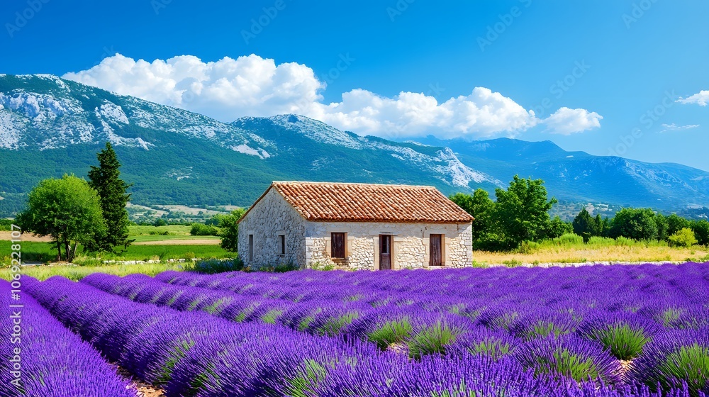 Quiet countryside featuring rolling fields of lavender, a charming farmhouse, and a clear blue sky Quiet countryside featuring rolling fields of lavender, a charming farmhouse, and a clear blue sky