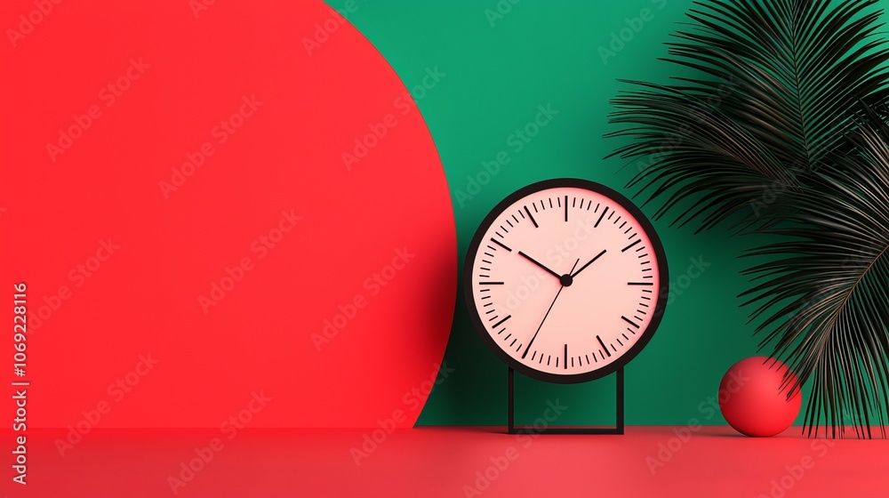 A Stylish Clock Displayed on a Colorful Background Featuring Both Green and Red Accents