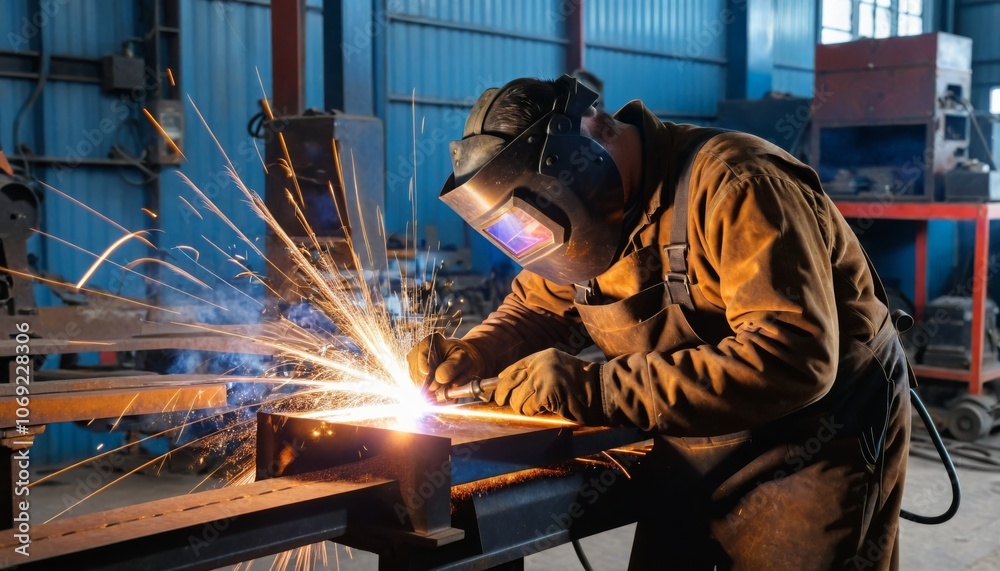 The welder works in the workshop. The moment of welding of metal structures. Beautiful sparks during welding of various metal elements in the workshop