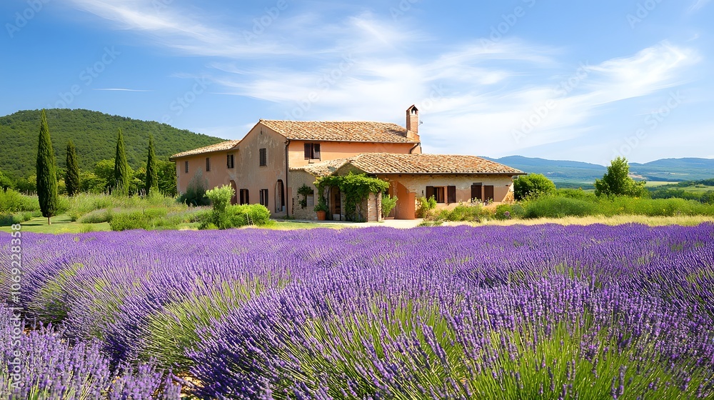Quiet countryside featuring rolling fields of lavender, a charming farmhouse, and a clear blue sky Quiet countryside featuring rolling fields of lavender, a charming farmhouse, and a clear blue sky
