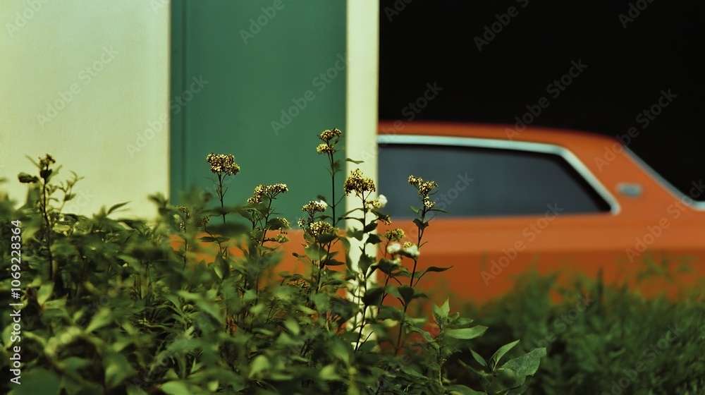 A picturesque vintage scene showcasing a nostalgic orange car set amongst lush green plants