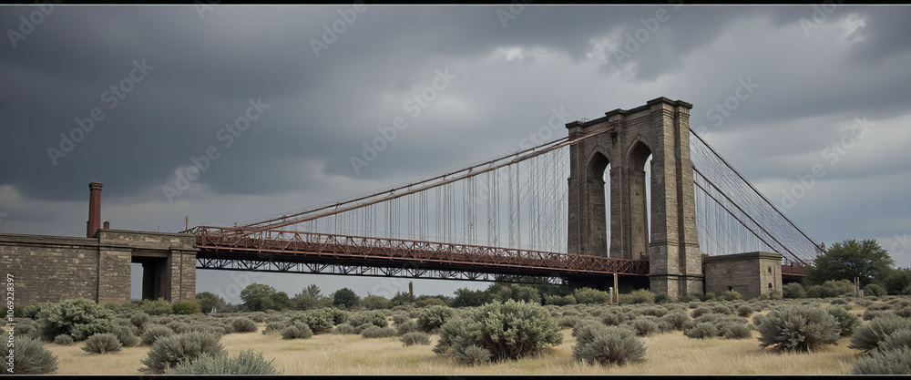 Fototapeta premium A bridge with a large arch is shown in the distance. The sky is cloudy and the bridge appears to be old and rusted