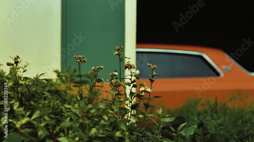 Obraz na płótnie A picturesque vintage scene showcasing a nostalgic orange car set amongst lush green plants w salonie