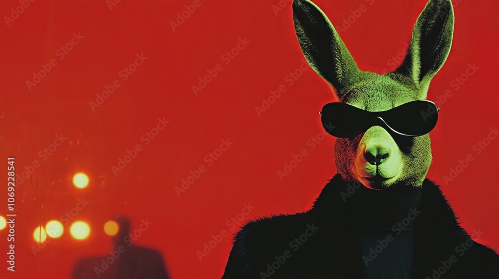 An Enigmatic and Mysterious Rabbit Wearing Sunglasses Set Against a Bright Red Background
