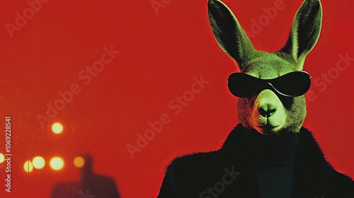 Obraz na płótnie An Enigmatic and Mysterious Rabbit Wearing Sunglasses Set Against a Bright Red Background w salonie