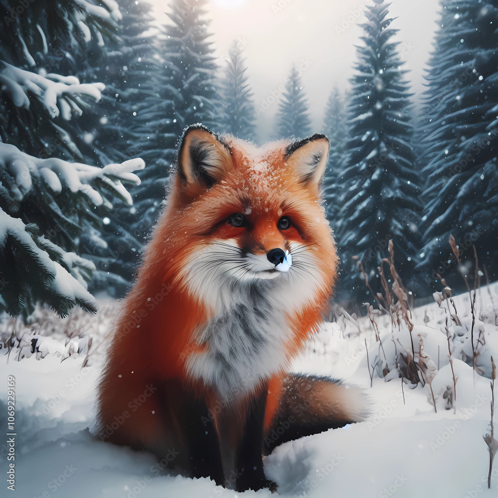 Fototapeta premium red fox on the snow ground 