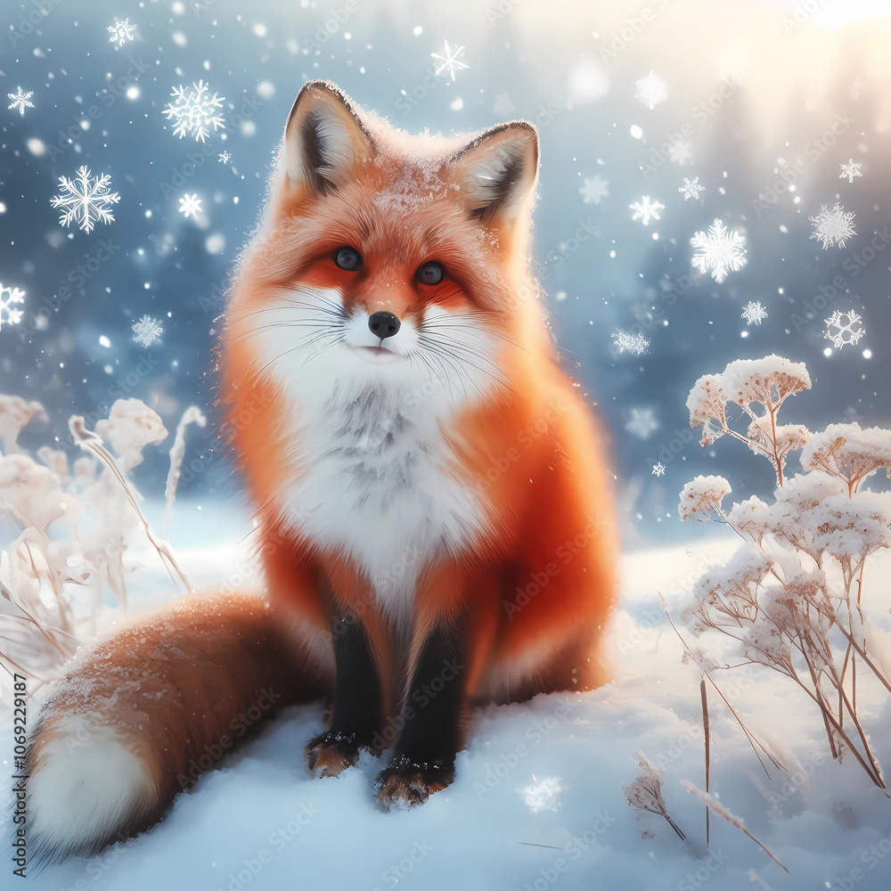 Fototapeta premium red fox on the snow ground 