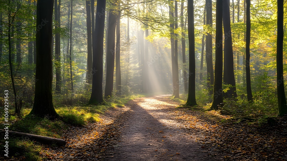 Obraz premium Quiet forest path with tall trees lining the way, sunlight filtering gently through the leafy canopy, and a soft carpet of fallen leaves covering the ground