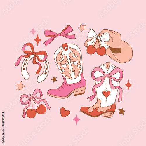 Set of western cowgirl boots, hats and cherry with bow. Hand drawn vector romantic girly rodeo clipart. EPS 10 vector file.