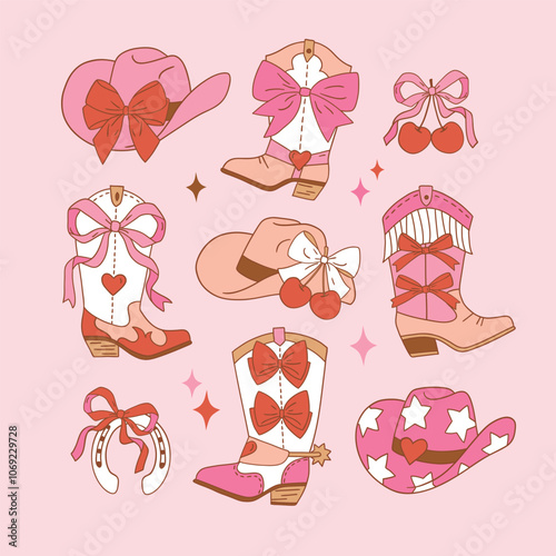 Set of western cowgirl boots, hats and cherry with bow. Hand drawn vector romantic girly rodeo clipart. EPS 10 vector file.
