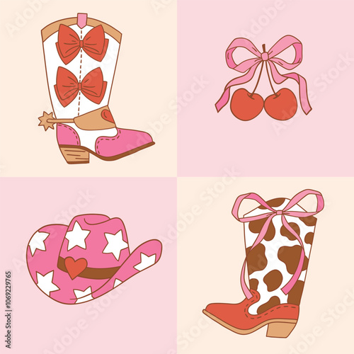 Set of western cowgirl boots, hat and cherry with bow. Hand drawn vector romantic girly rodeo clipart. EPS 10 vector file.