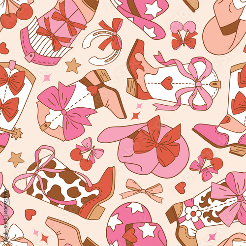 Seamless vector pattern with western cowgirl boots. Hand drawn girly rodeo background. EPS 10 vector file. Perfect for textile, wallpaper or nursery print design.