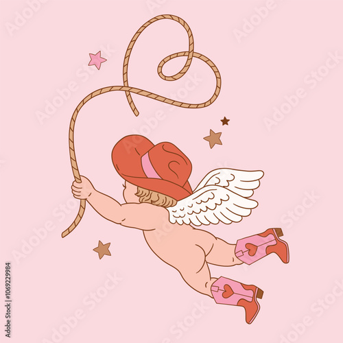 Valentine cupid in western cowboy boots. Hand drawn cute angel illustration. Perfect for tee shirt logo, greeting card, poster or nursery print design. EPS 10 vector file.