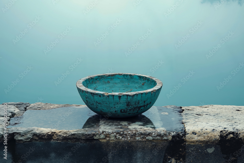 A blue bowl sitting on top of a stone wall next to the ocean A blue bowl sitting on top of a stone wall next to the ocean