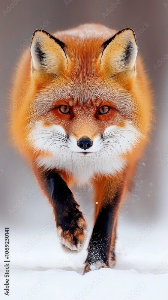 A graceful fox strides through the snow, showcasing its elegant beauty in vibrant winter colors A graceful fox strides through the snow, showcasing its elegant beauty in vibrant winter colors