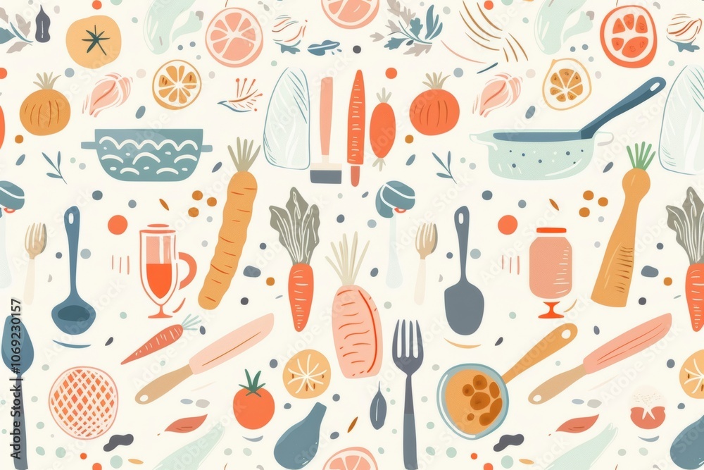 Colorful kitchen utensils and vegetables seamless pattern Colorful kitchen utensils and vegetables seamless pattern