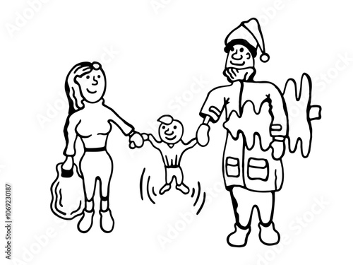 A cheerful illustration of a family preparing for Christmas, with parents and child joyfully carrying their newly purchased Christmas tree.