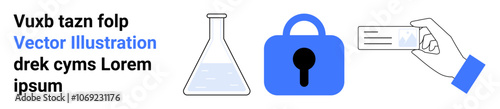 Lab flask with solution, blue lock, and hand holding ID card. Ideal for cybersecurity, identification, lab safety, data protection, research themes, privacy policies, authentication systems. Banner