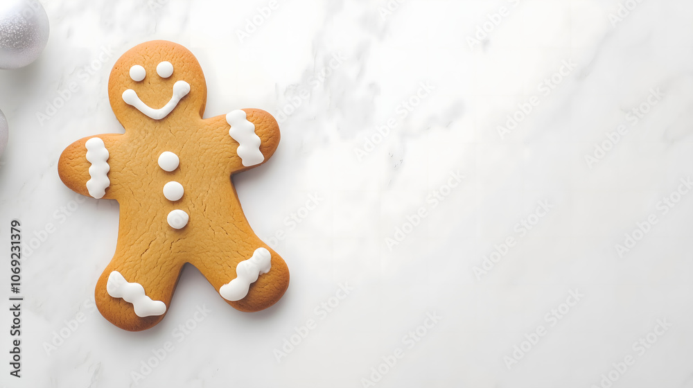 A cheerful gingerbread man cookie, adorned with white icing, rests on a light marble surface. This festive treat captures the spirit of a winter celebration, inviting joyful memories. copy space. A cheerful gingerbread man cookie, adorned with white icing, rests on a light marble surface. This festive treat captures the spirit of a winter celebration, inviting joyful memories. copy space.