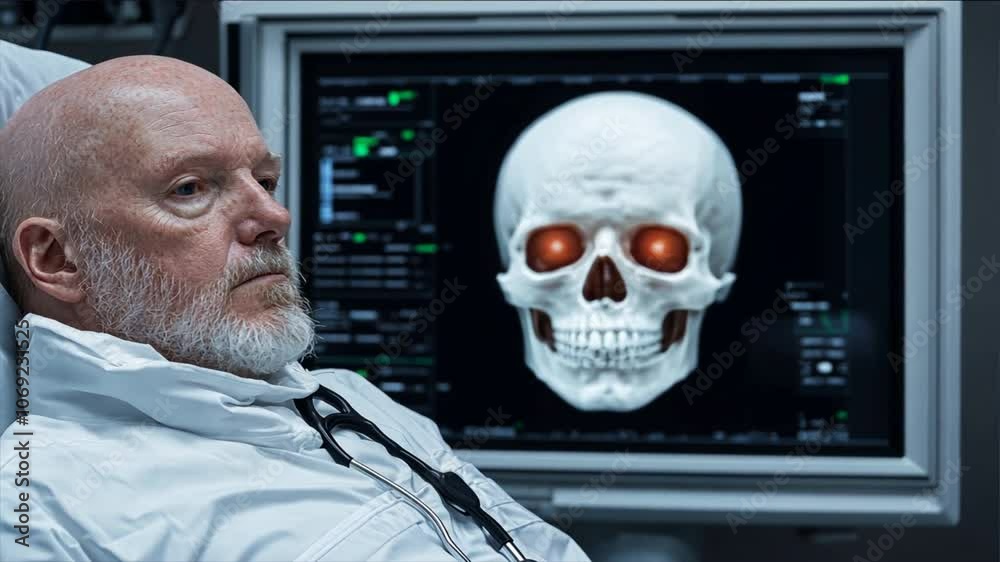 Doctor Reviewing Skull Scan: A pensive senior doctor gazes at a skull scan on a computer monitor, his expression suggesting deep thought and concern. Doctor Reviewing Skull Scan: A pensive senior doctor gazes at a skull scan on a computer monitor, his expression suggesting deep thought and concern.