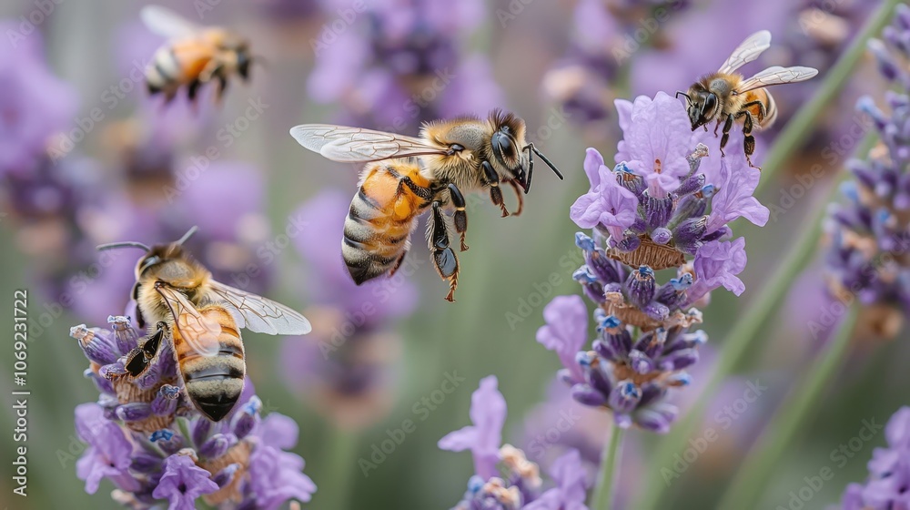 Honey bees collecting nectar from blooming lavender in a vibrant garden setting Honey bees collecting nectar from blooming lavender in a vibrant garden setting