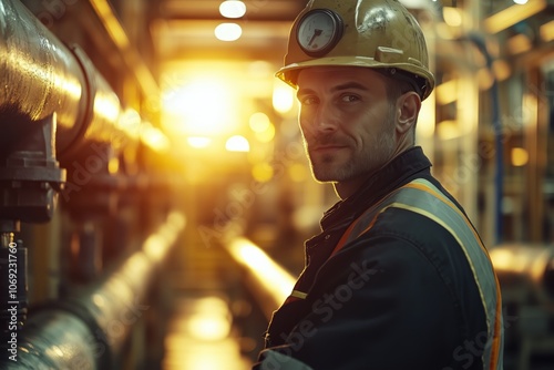 Wallpaper Mural Engineer in blue protective uniform and hard hat performing maintenance on industrial pipes in a refinery facility. Heavy industry and engineering concept. Design for poster, banner, and print. Torontodigital.ca