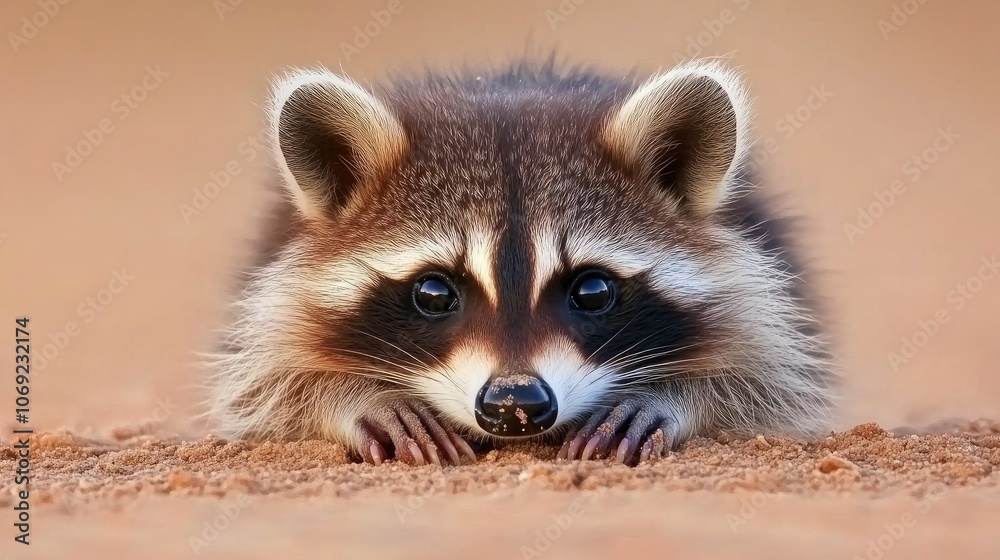 A gentle raccoon relaxes in soft golden light, showcasing its playful curiosity and enchanting features at ground level in a serene natural setting A gentle raccoon relaxes in soft golden light, showcasing its playful curiosity and enchanting features at ground level in a serene natural setting