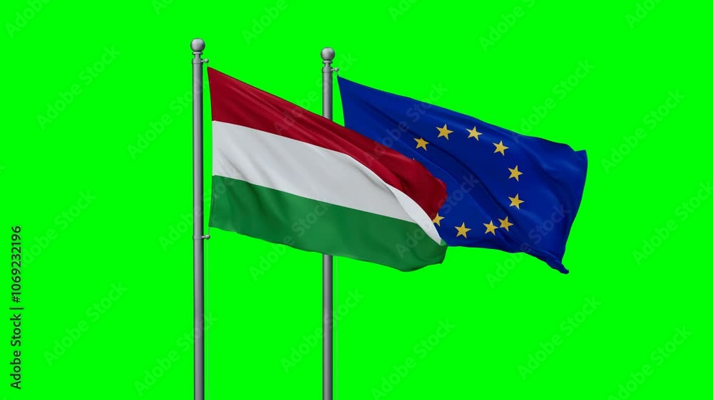 European Union and Hungary flags flying together, video concept of the relationship with colored chroma key for easy background remove European Union and Hungary flags flying together, video concept of the relationship with colored chroma key for easy background remove