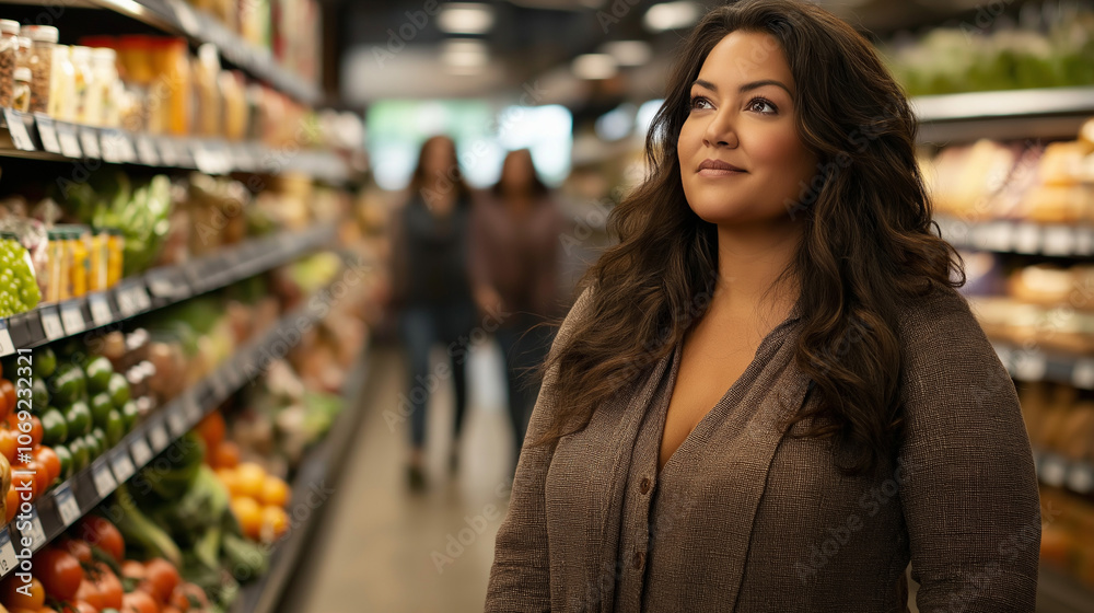 A plus-size model with long brown hair walking down a Whole Foods aisle, her stylish outfit and confident stride capturing attention. She exudes poise as onlookers in the backgroun A plus-size model with long brown hair walking down a Whole Foods aisle, her stylish outfit and confident stride capturing attention. She exudes poise as onlookers in the backgroun