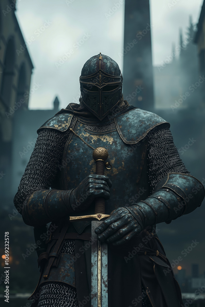 A man in armor holding a sword in front of a city A man in armor holding a sword in front of a city