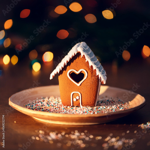 Miniature gingerbread house with heart shape window. Sweet home concept. Family warmth, love and protection