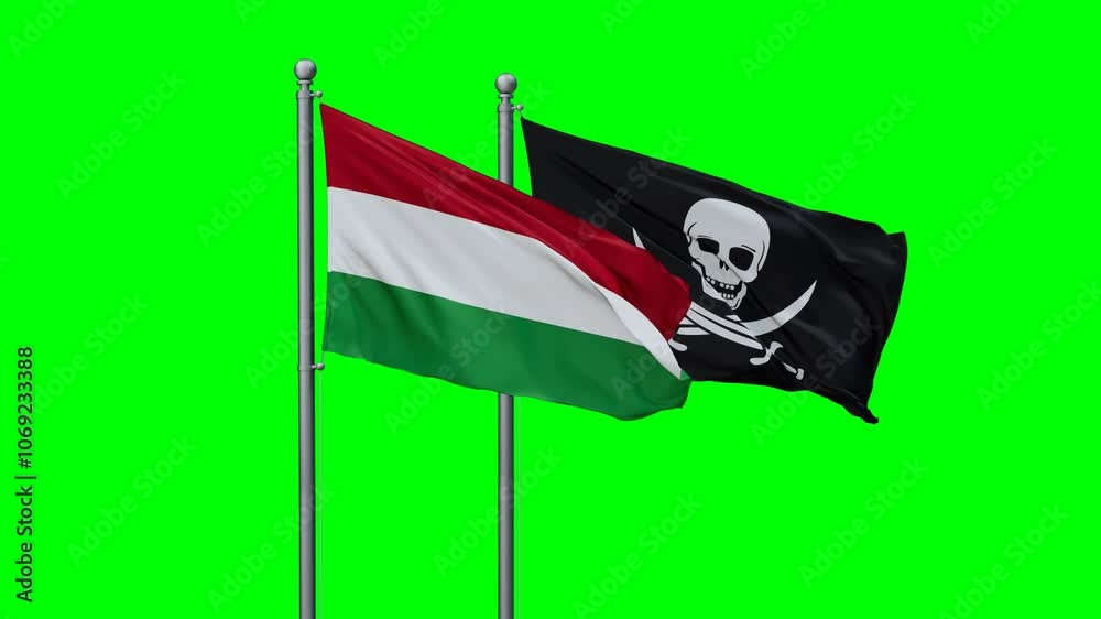 Hungary and Corsair flags flying together, video concept of the relationship with colored chroma key for easy background remove Hungary and Corsair flags flying together, video concept of the relationship with colored chroma key for easy background remove