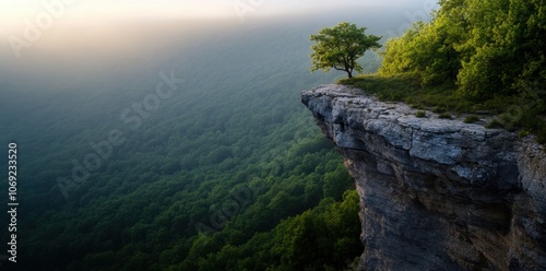 Scenic overlook of lush green forest and rocky cliff